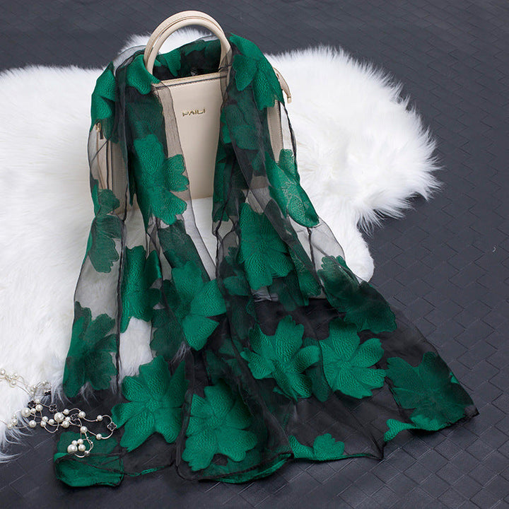 Trendy Women's Silk Scarf with Floral Pattern and Cut-out Design – Fiora (1+1 FREE)