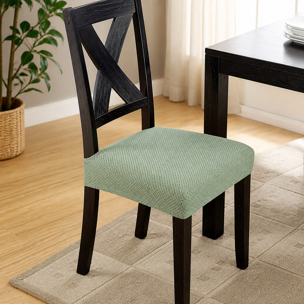 Einzelner schwarzer Stuhl mit Kreuzlehne und grünem, fein strukturiertem Sitzbezug auf einem gemusterten Teppich neben einem Tisch. 7