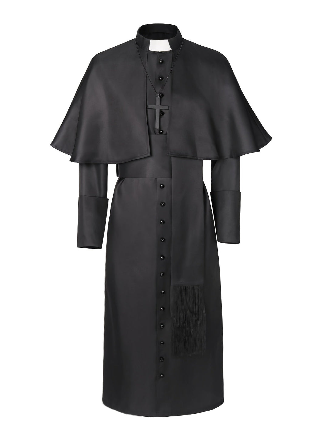 Schwarzes Gewand mit Schulterumhang, Knopfleiste, Kreuz und Fransenschärpe frontal ohne Model abgebildet 3