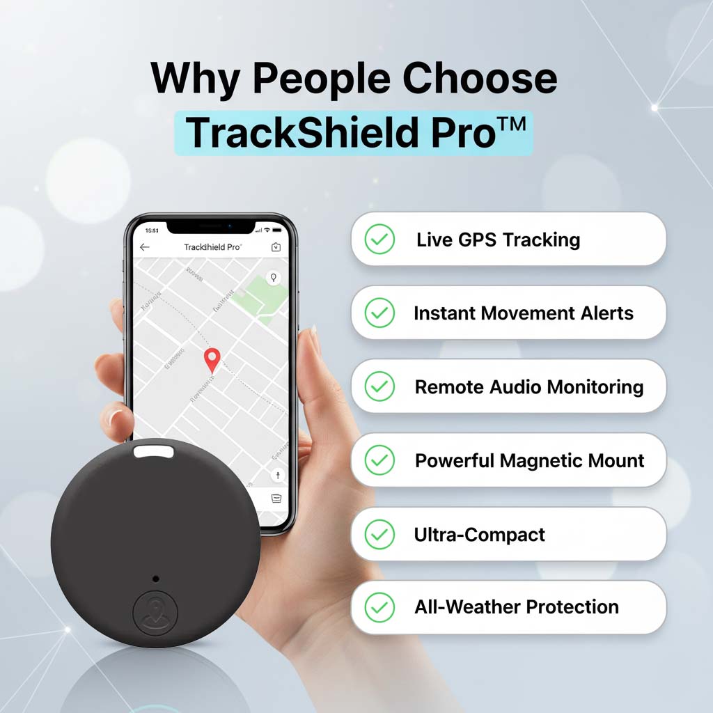 Hand hält ein Smartphone mit Straßenkarte, davor der runde schwarze Tracker, daneben eine Liste von Funktionen mit grünen Häkchen. 2