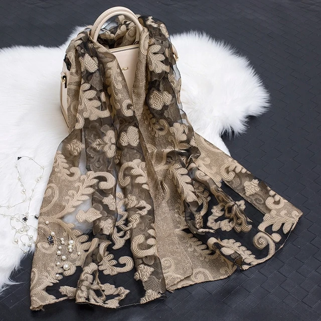 Trendy Women's Silk Scarf with Floral Pattern and Cut-out Design – Fiora (1+1 FREE)