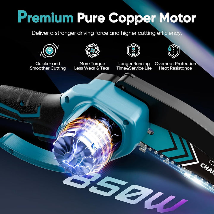 Mini motosierra a batería de 6 pulgadas con luz LED y batería de 21V – TimberCut