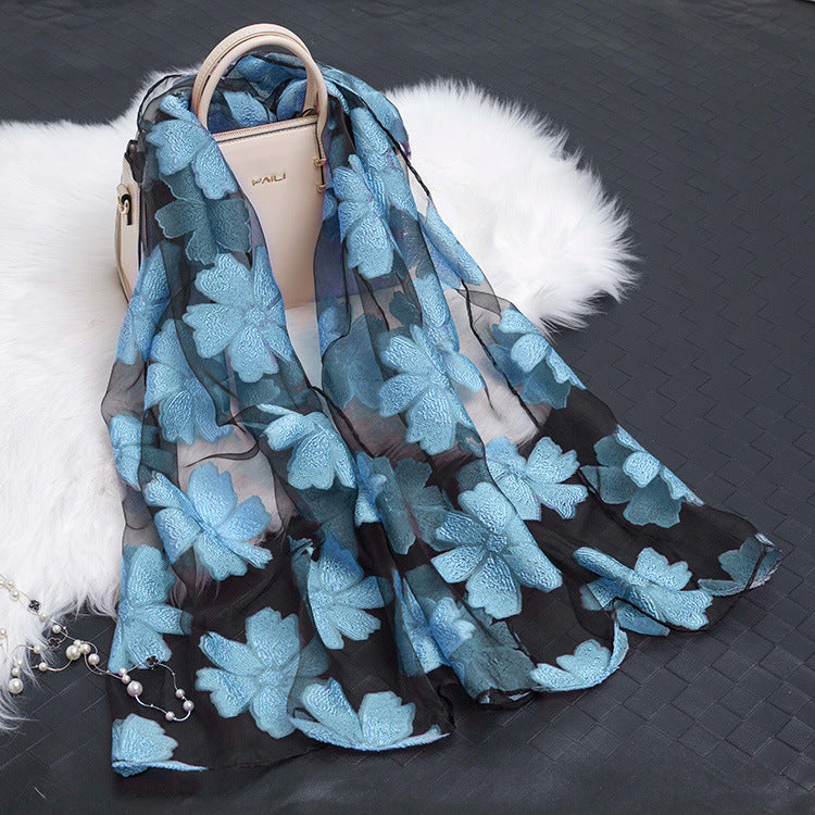 Trendy Women's Silk Scarf with Floral Pattern and Cut-out Design – Fiora (1+1 FREE)