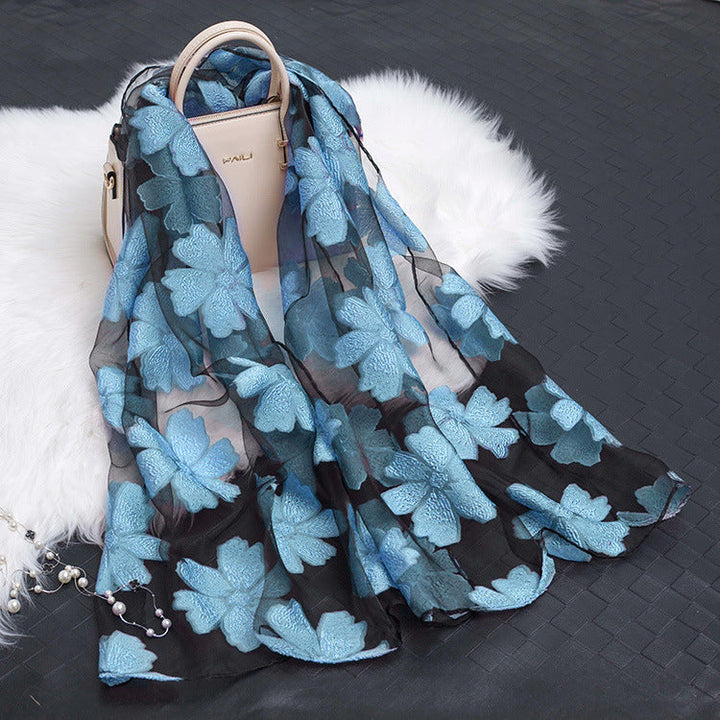 Trendy Women's Silk Scarf with Floral Pattern and Cut-out Design – Fiora (1+1 FREE)