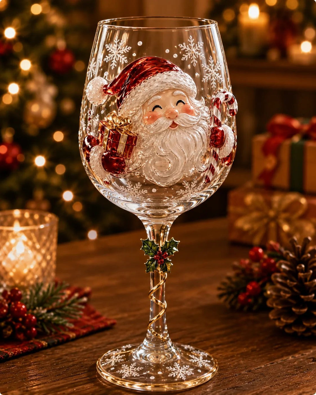 Weinglas mit plastisch aufgesetztem lächelndem Weihnachtsmann, Geschenk und Zuckerstange, Stechpalmen-Anhänger am Stiel, vor 1