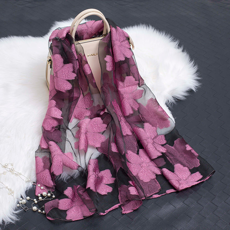 Trendy Women's Silk Scarf with Floral Pattern and Cut-out Design – Fiora (1+1 FREE)