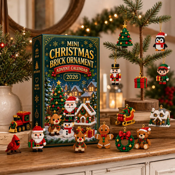Kalenderschachtel auf einer Anrichte, rechts hängen Baum, Pinguin, Nussknacker, Elf und Geschenk an einem kleinen Tannenbaum, vorn stehen weitere Figuren. 3