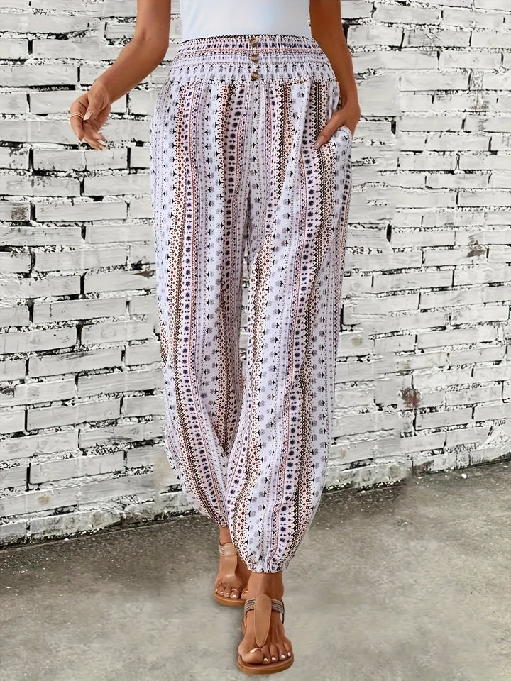 Boho damebukser med høj talje, print og smocket talje – Linara
