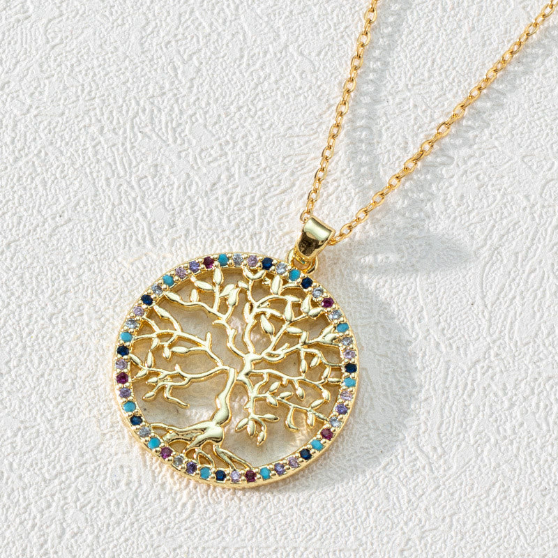 Zirconia Round Hollow Tree of Life Pendant – Necklace – Luna
