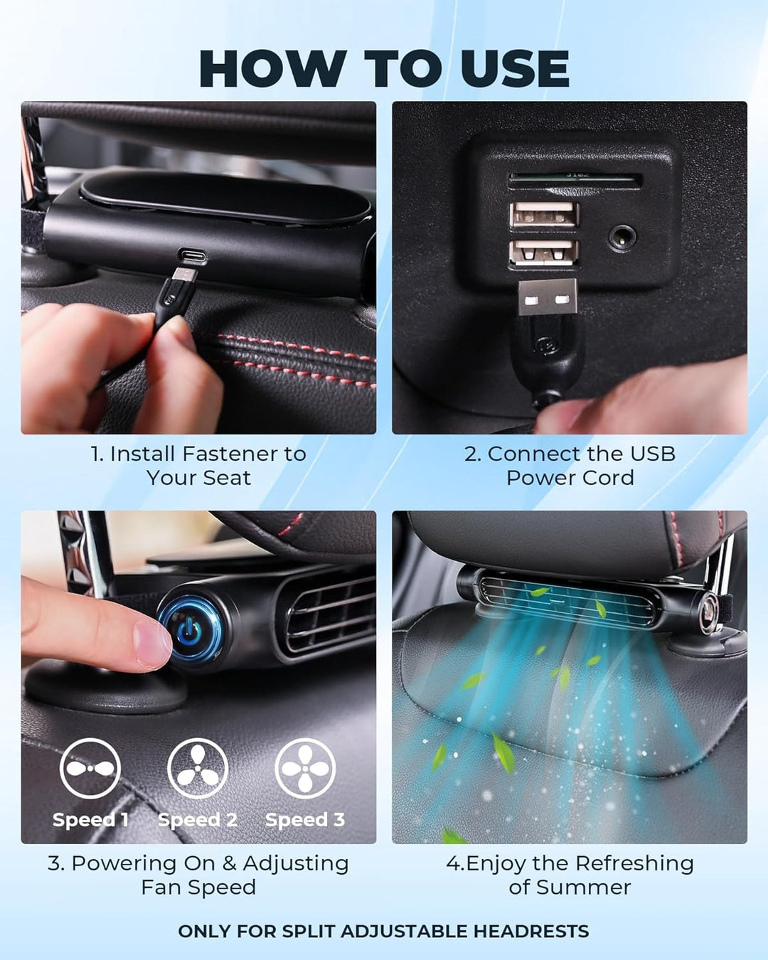 3 Geschwindigkeiten USB Auto Kühlventilator & Kopfstützenhalter – AutoBreeze