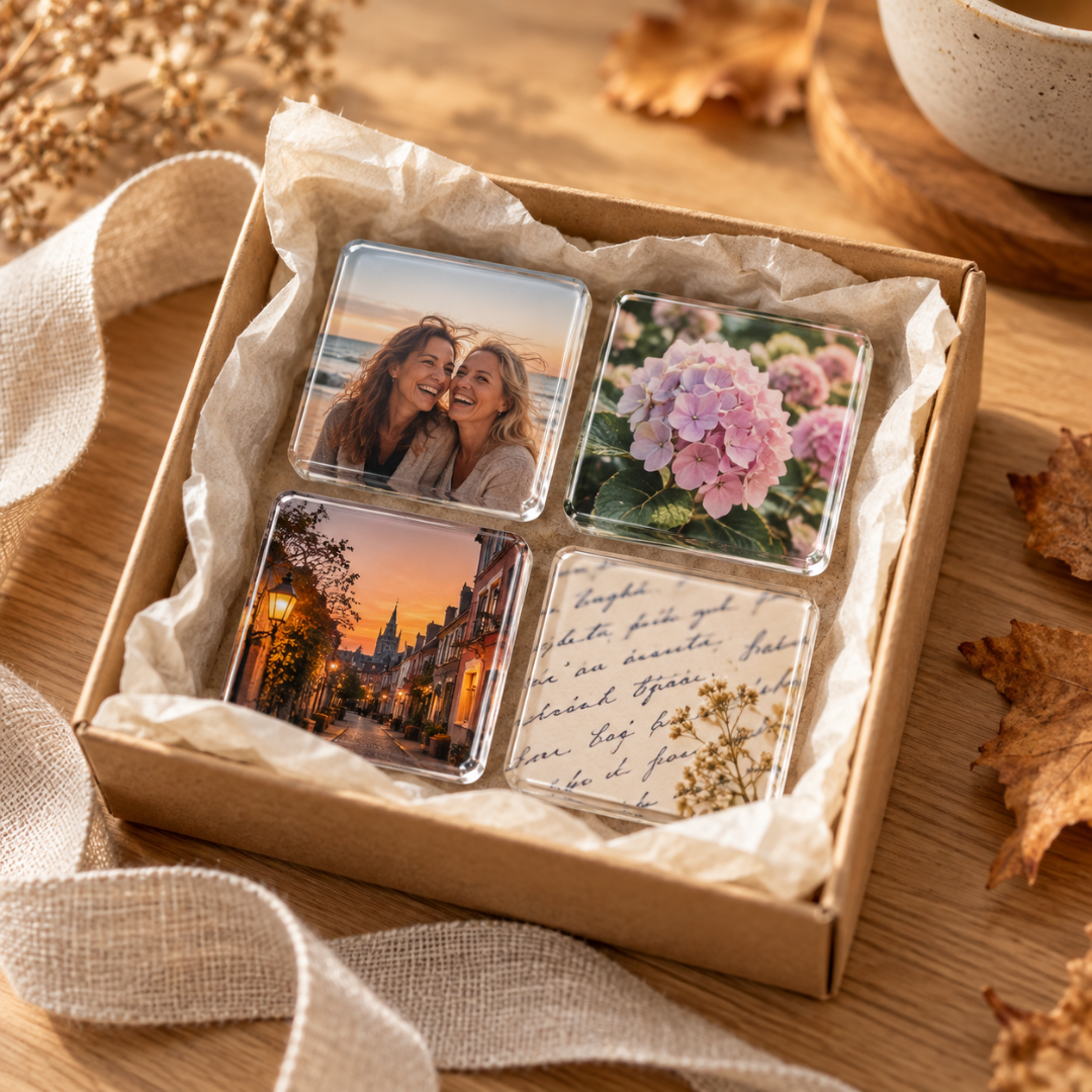 Vier Fotomagnete aus Acryl als Geschenkset in einer Kartonbox mit Seidenpapier und Leinenband 7