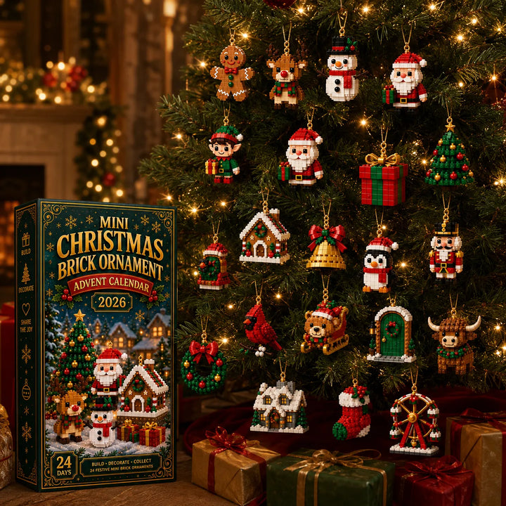 Am beleuchteten Weihnachtsbaum hängen viele gebaute Mini-Anhänger, links davor steht die Kalenderschachtel, unten liegen Geschenke. 5