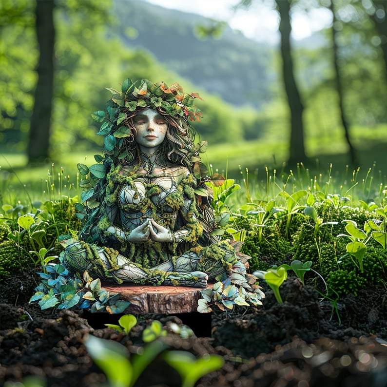 Meditierende Frauenfigur im Schneidersitz mit Blätterkranz und moosbewachsenem Gewand, im Beet vor einer sonnigen Waldwiese aufgestellt. 21