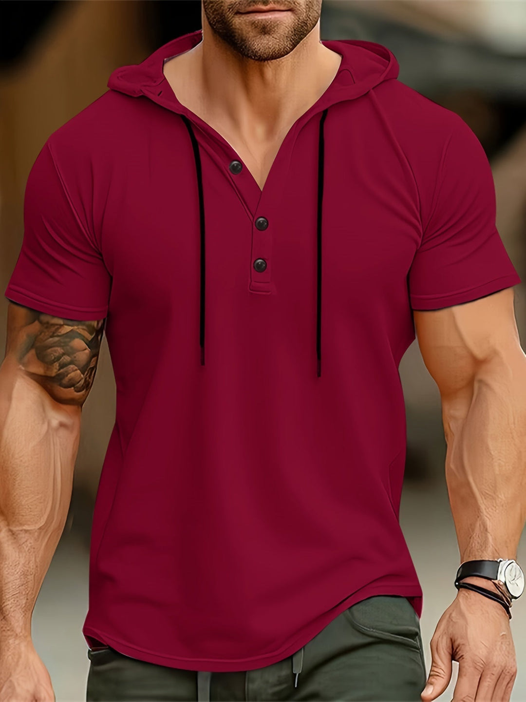 Herren T-Shirt mit Kapuze und Knopfverschluss – Mason