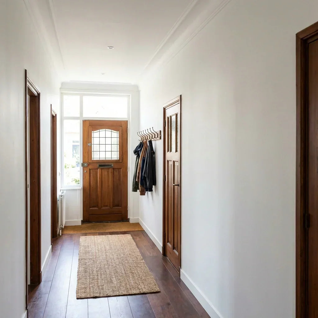 Heller Flur mit weiß gestrichenen Wänden, Holztüren, Jacken an der Garderobe und einem Läufer auf dem Dielenboden 7