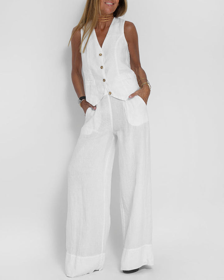 Linen 2-piece set with wide-cut pants and vest – Alma