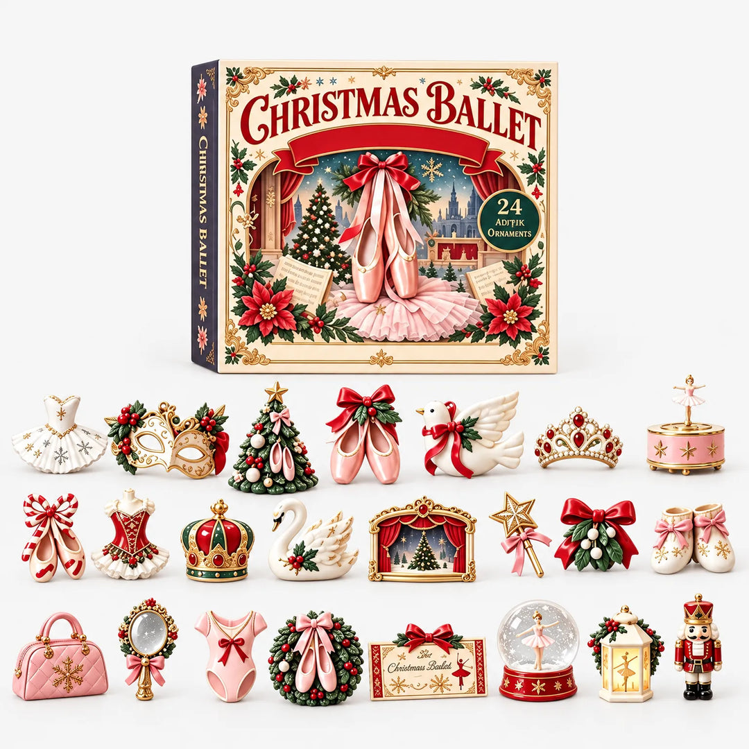 Rot-grüne Weihnachtsvariante mit Schachtel und allen 24 Ornamenten, darunter Ballerina-Spieluhr, Nussknacker, Schneekugel 4