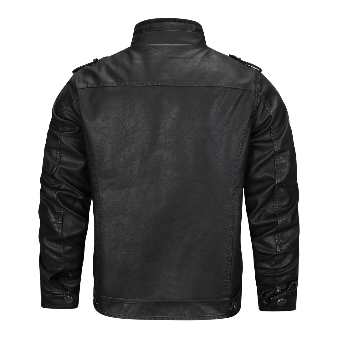Schwarze Lederjacke für Herren, Rückansicht, modisch, robust, mit Stehkragen und Schulterklappen.
