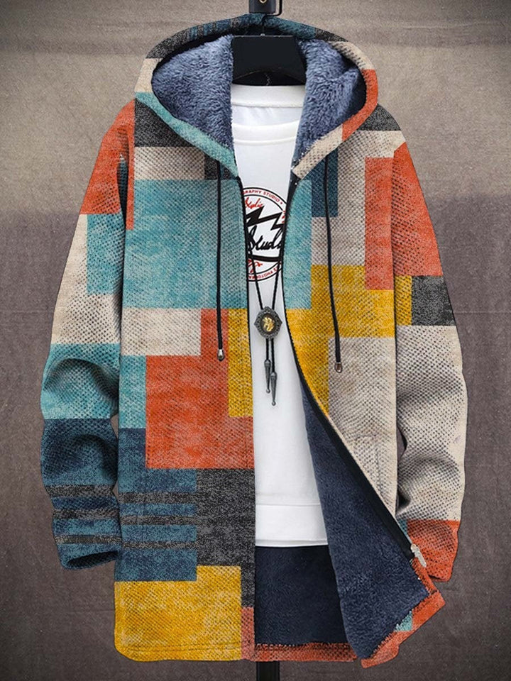 Zweite Ansicht der offenen Kapuzenjacke mit Plüschfutter und Blockmuster in Türkis, Orange, Gelb und Beige 6