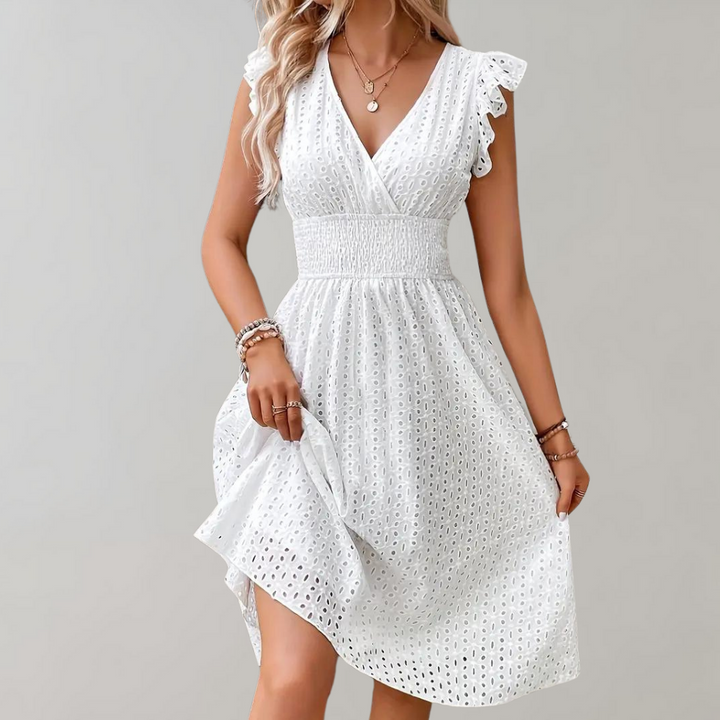 Weiße Sommerkleid Damen, Spitze, ärmellos, V-Ausschnitt, elegant, Freizeitmode.