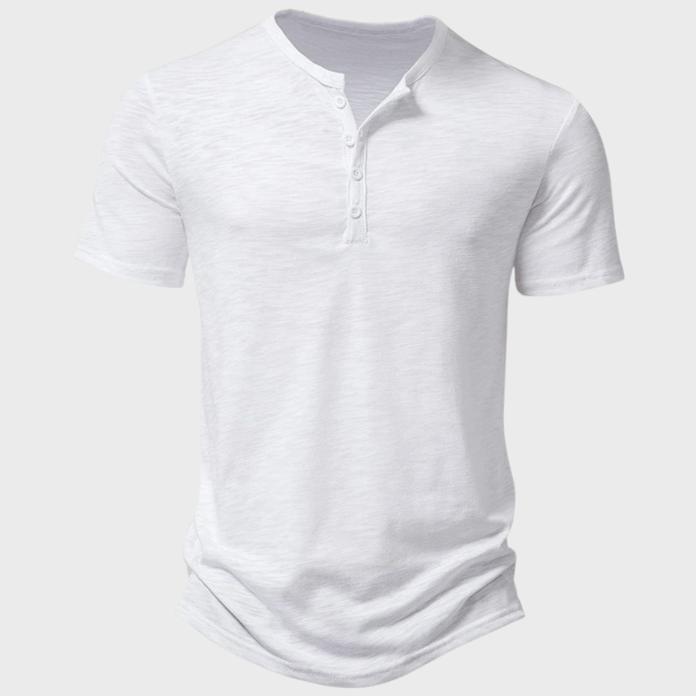 Weißes Herren-Henley-Shirt, kurzärmelig, Baumwolle, Knopfleiste, lässig, modisch.