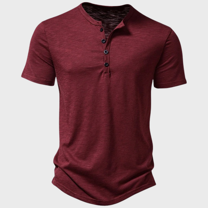 Bordeauxrotes Herren-Henley-Shirt, kurzärmelig, Baumwolle, Knopfleiste, lässig, modisch.