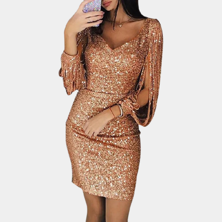Funkelndes goldfarbenes Paillettenkleid mit langen Ärmeln, elegantes Abendkleid.
