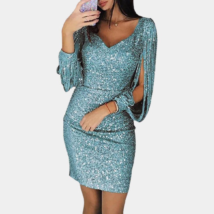 Funkelndes, hellgrünes Paillettenkleid mit langen Ärmeln, elegantes Abendkleid.