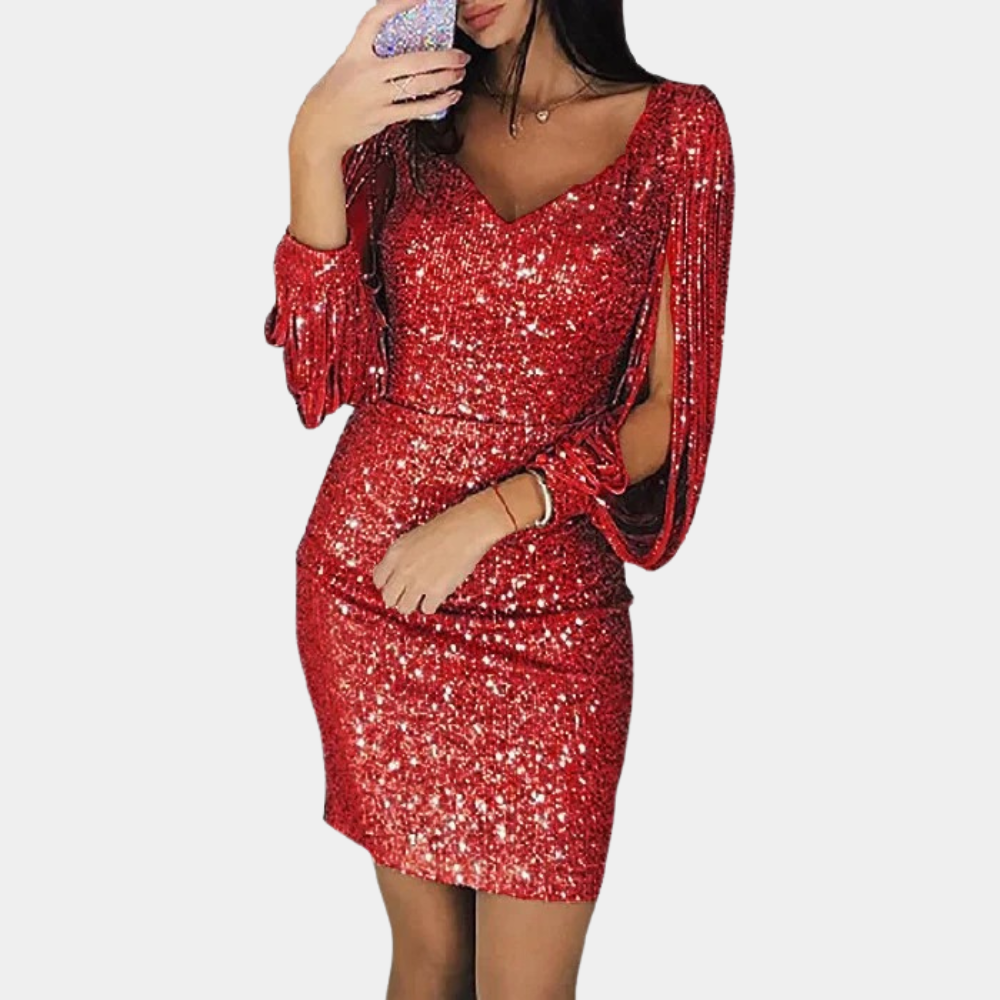 Funkelndes rotes Paillettenkleid mit langen Ärmeln, elegantes Abendkleid für Damen.
