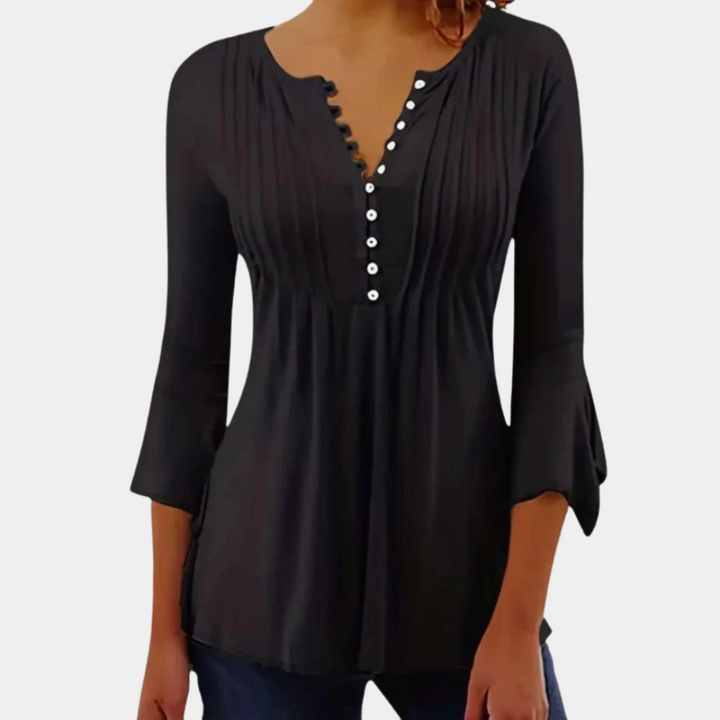 Schwarze Damenbluse mit Knopfleiste, 3/4-Ärmel, V-Ausschnitt, elegant, aus Baumwolle.