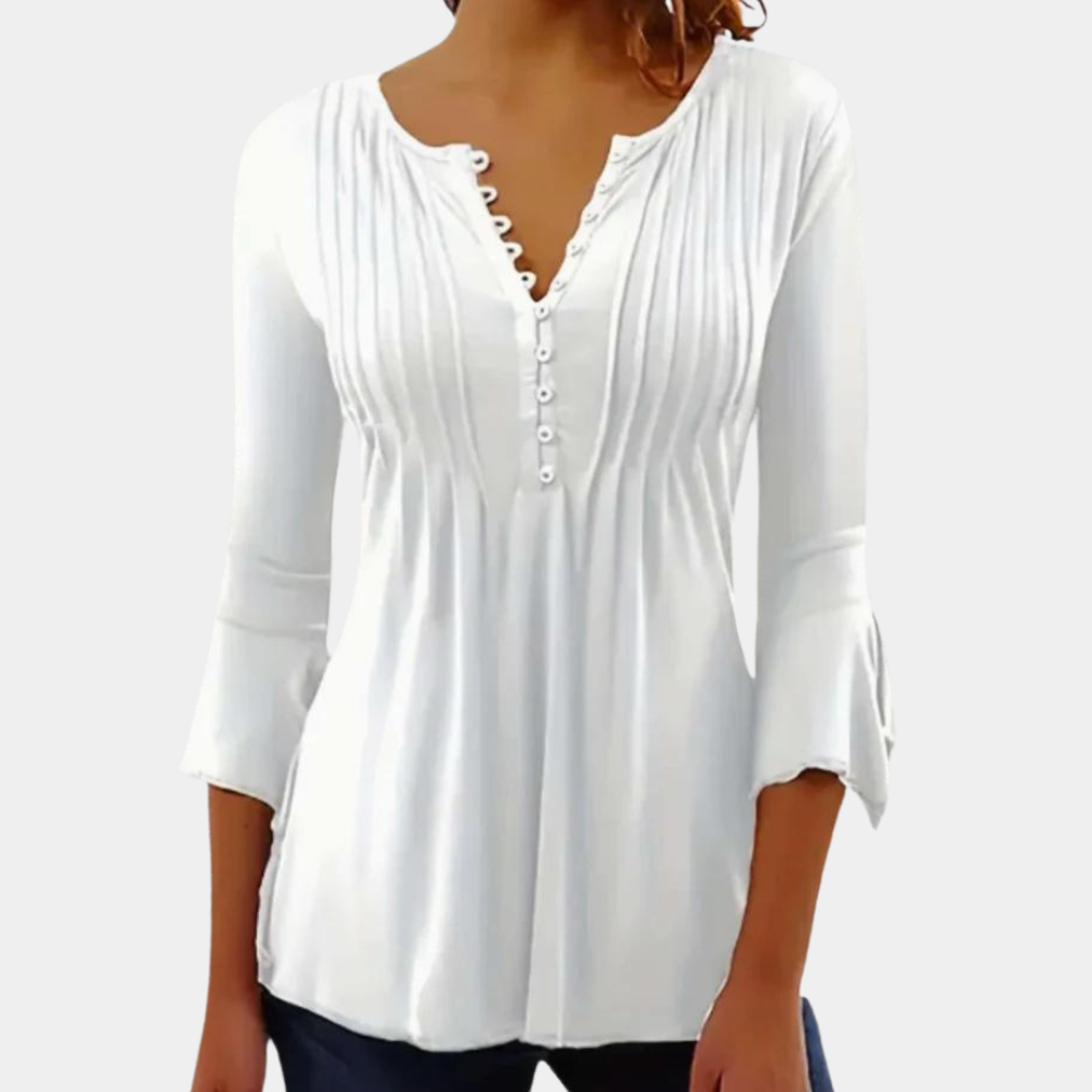 Weiße Damenbluse mit Knopfleiste, 3/4-Ärmeln, V-Ausschnitt, elegantes Design.