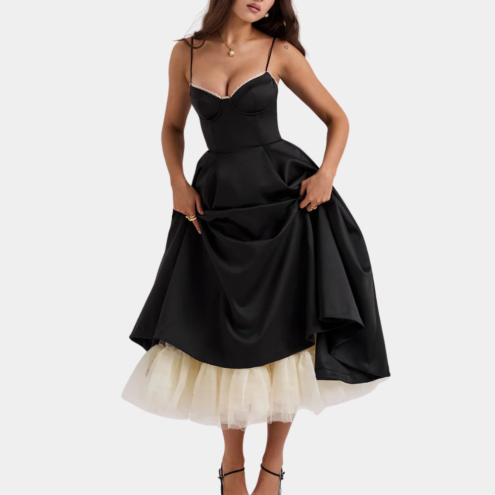 Schwarzes Satinkleid mit Spaghettiträgern und Tüllunterrock, elegantes Abendkleid für Damen.