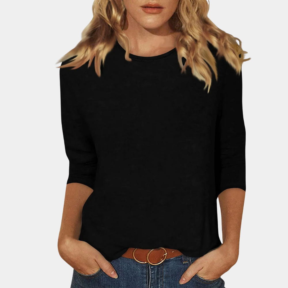 Schwarzes Damen-Shirt, 3/4-Ärmel, lässig, Baumwolle, ideal für Freizeitmode.