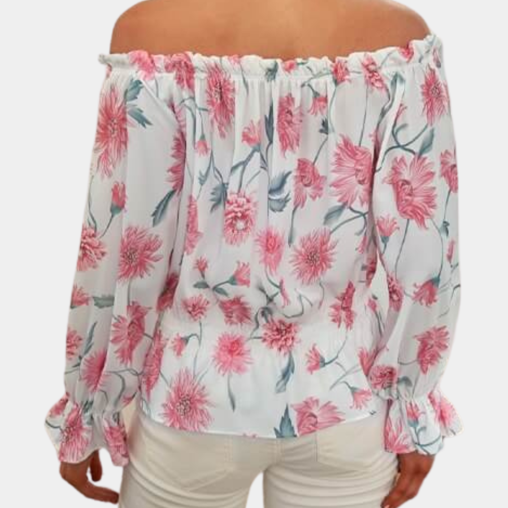 Off-shoulder bluse med blomster og flæser – Fayenne