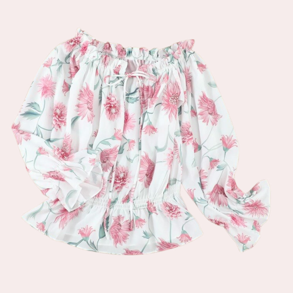 Off-shoulder bluse med blomster og flæser – Fayenne