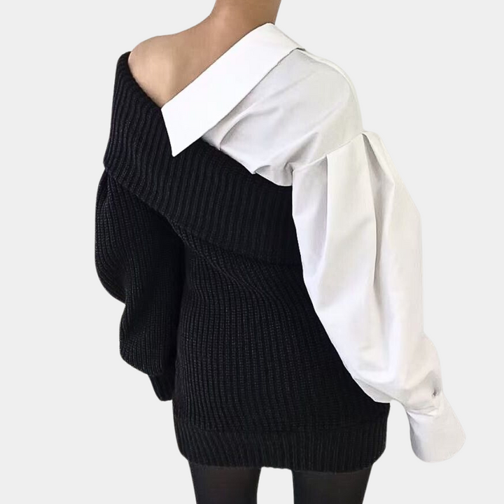 Børstet off-shoulder kjole med kontrasterende ærmer – Selina