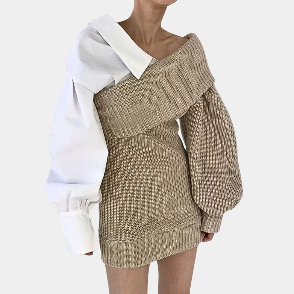 Børstet off-shoulder kjole med kontrasterende ærmer – Selina