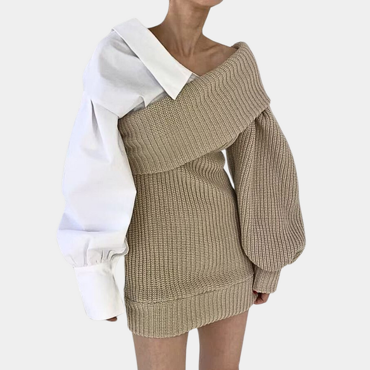 Børstet off-shoulder kjole med kontrasterende ærmer – Selina