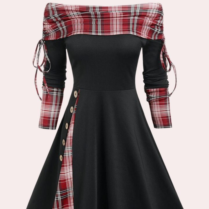 Schwarzes Kleid mit rotem Karomuster, Off-Shoulder, Knöpfe, Langarm, Damenmode.