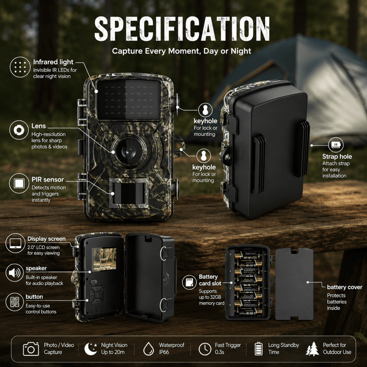 Infografik mit beschrifteten Bauteilen der Kamera: Infrarotlicht, Objektiv, Sensor, Display, Tasten, Lautsprecher, Aufhängeösen, Speicherkartenslot und Batterie 5
