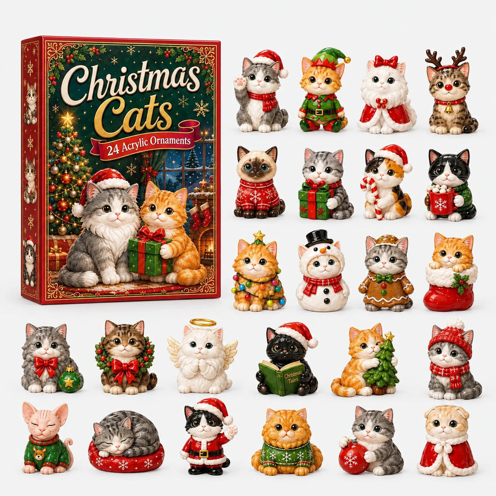 Rote Geschenkschachtel neben 24 verschiedenen Katzenfiguren als Anhängern, darunter Schneemann, Engel, Weihnachtsmann, Rentier und schlafende Katze. 2