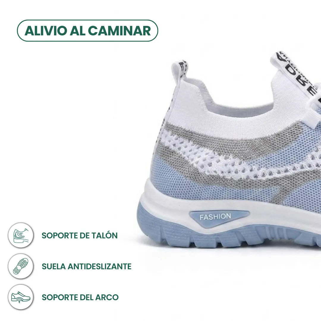 Detailansicht der Ferse des weiß-hellblauen Sneakers mit Infografik-Symbolen zu Fersenhalt, rutschfester Sohle und Fußgewölbeunterstützung. 4