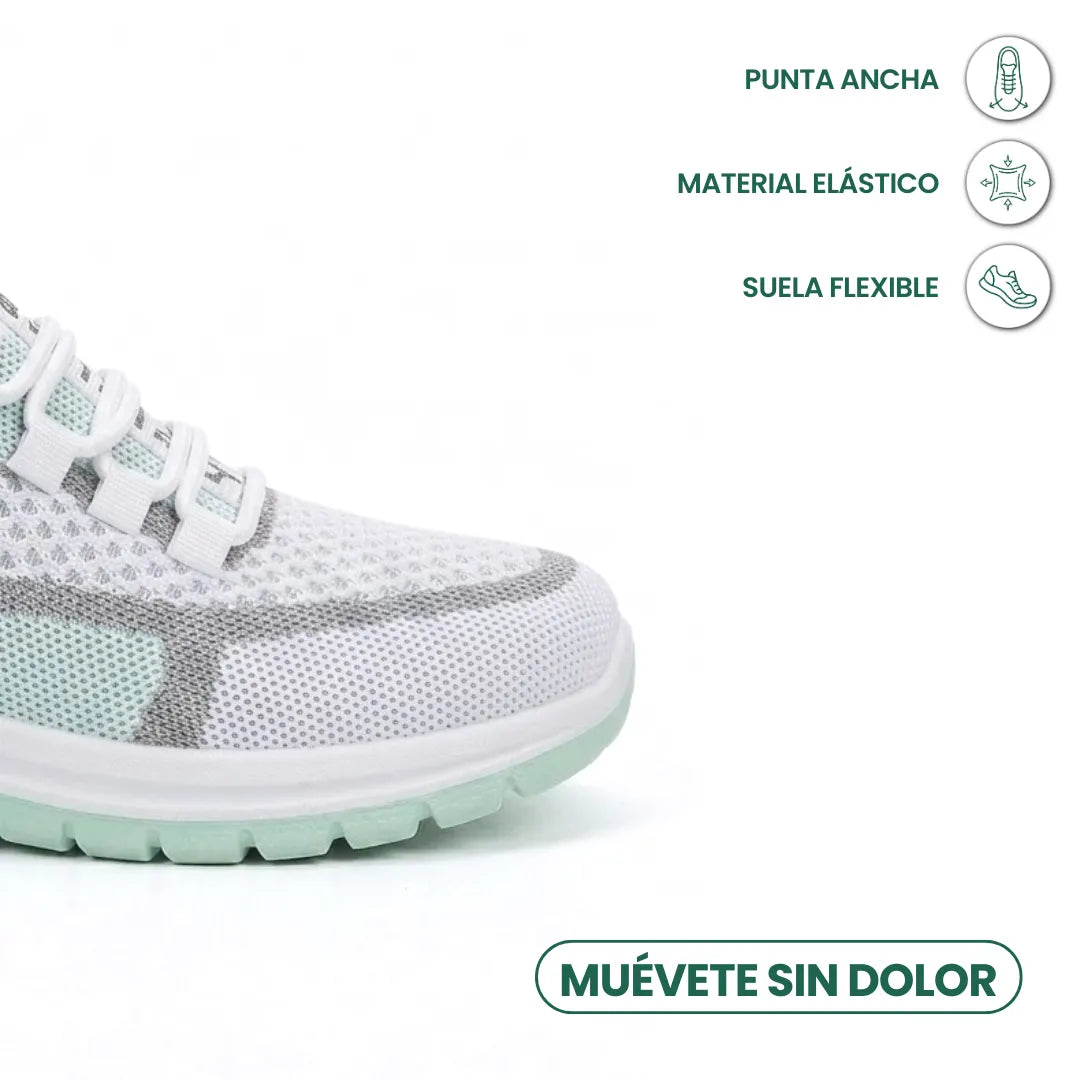 Detailansicht der breiten Schuhspitze des weiß-mintgrünen Mesh-Sneakers mit Symbolen für elastisches Material und flexible Sohle. 14