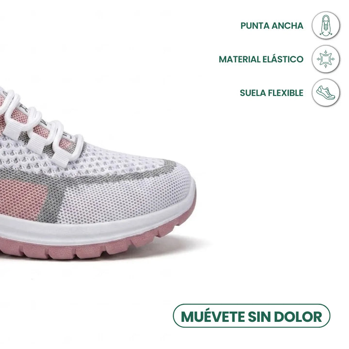 Nahaufnahme der breiten Schuhspitze des weiß-rosa Mesh-Sneakers mit Gummischnürung, daneben Symbole für Zehenfreiheit, elastisches Material und flexible Sohle. 23