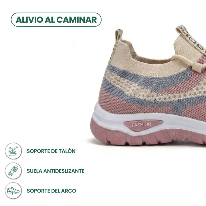 Fersenansicht des beige-rosa-blauen Mesh-Sneakers mit rosa Sohle, daneben Symbole für Fersenhalt, rutschfeste Sohle und Fußgewölbestütze. 31