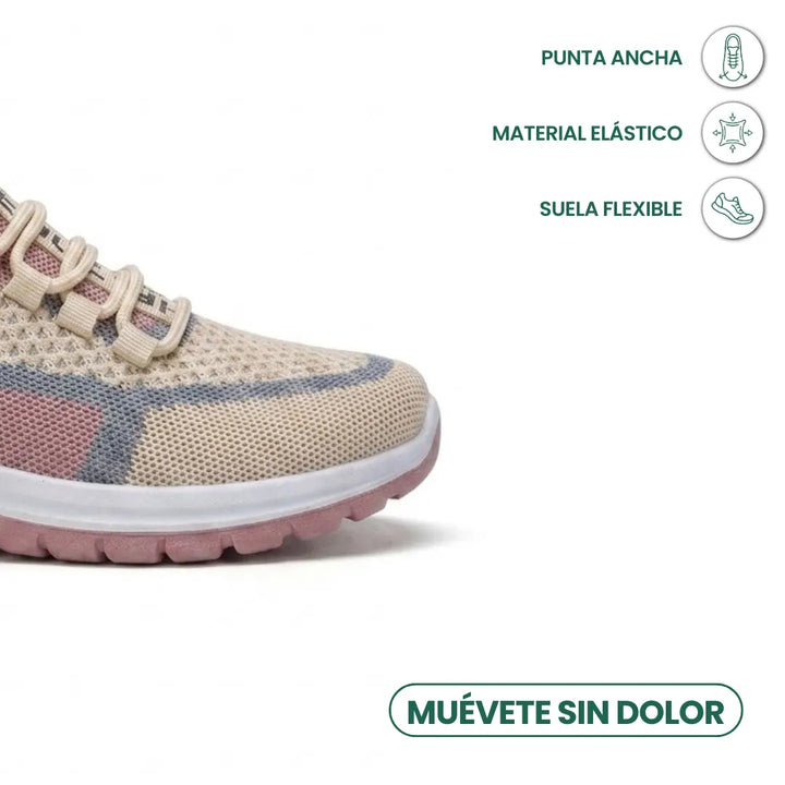 Nahaufnahme der breiten Spitze des beige-rosa Mesh-Sneakers, daneben Symbole für Zehenfreiheit, elastisches Material und flexible Sohle. 32