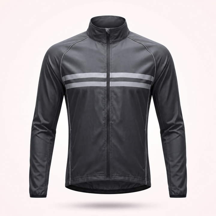 Schwarz-graue Radjacke mit Stehkragen, Frontreißverschluss und zwei hellen reflektierenden Streifen auf der Brust, frontal vor hellem Hintergrund. 1