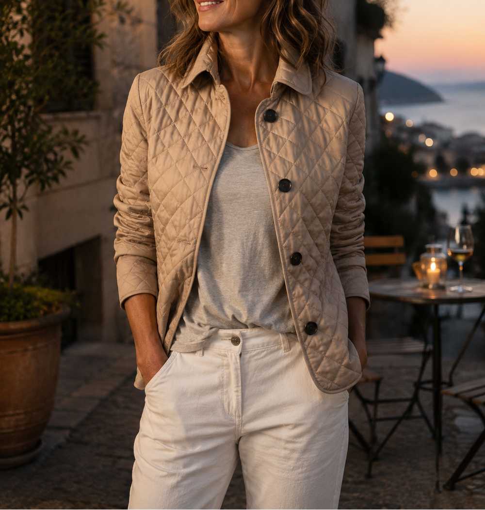 Beige Steppjacke mit Knöpfen, getragen mit grauem Shirt und weißer Hose am abendlichen Hafen 2