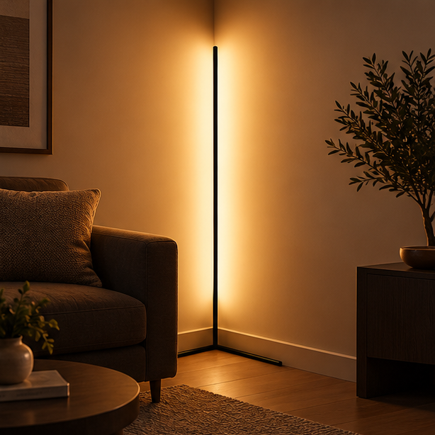 Schwarze LED-Eck-Stehlampe im Wohnzimmer, taucht die Wand neben Sofa, Couchtisch und Zimmerpflanze in warmes Licht. 1