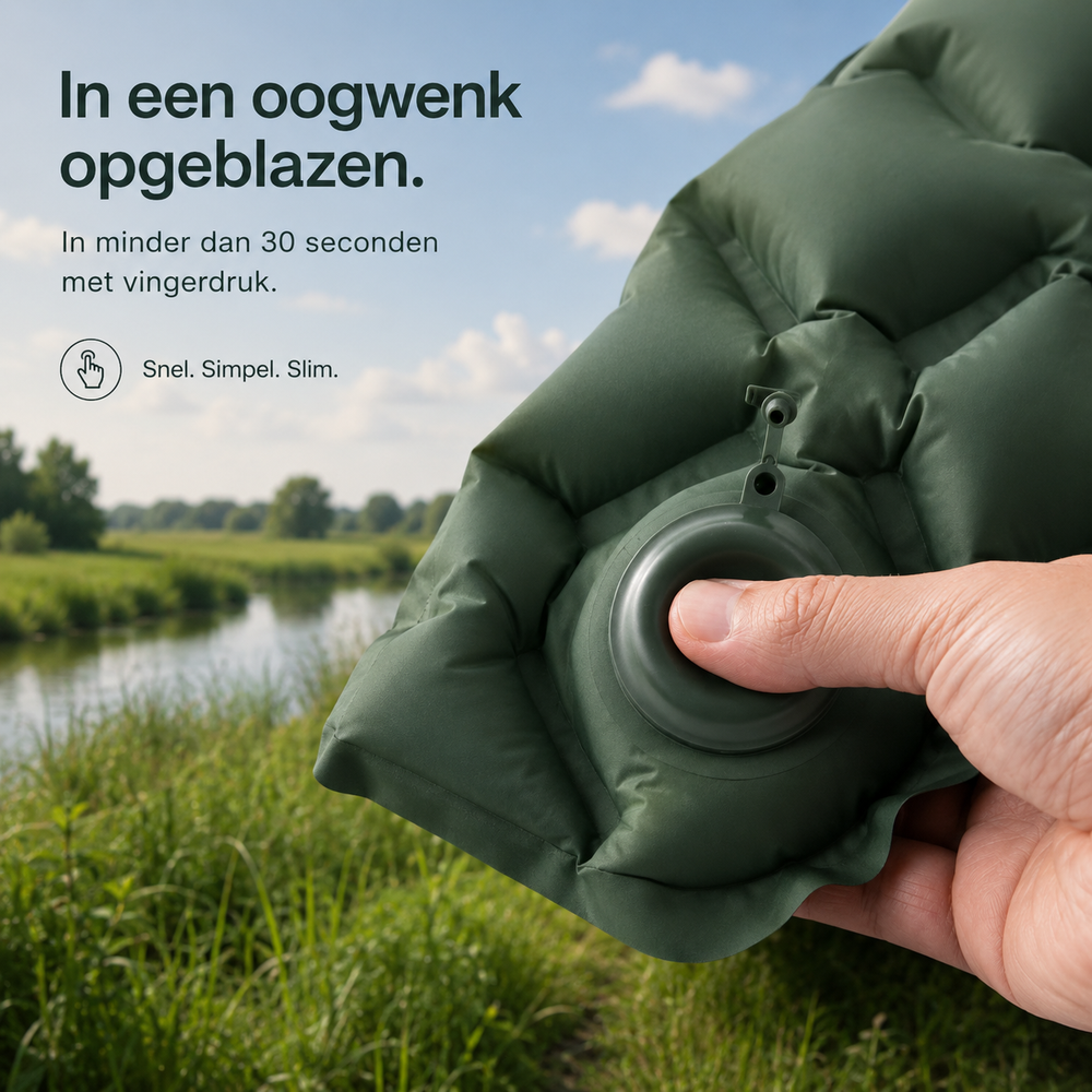 Nahaufnahme: Ein Finger drückt auf die runde Pumpe eines dunkelgrünen Kissens, im Hintergrund Wiese und Fluss. 2